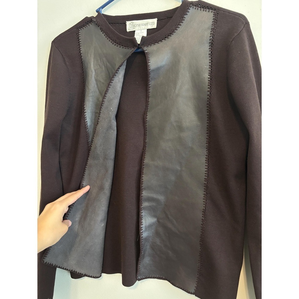 Y2K Preppy Leather Minimalist Silk Chocolate Brown Mocha Grunge Cardigan - Small - Picture 8 of 10